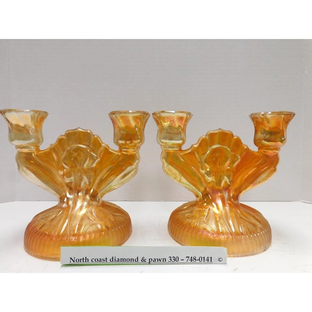 Vtg Marigold Carnival Glass Double Candle Holders Set of 2 Iridescent DW737